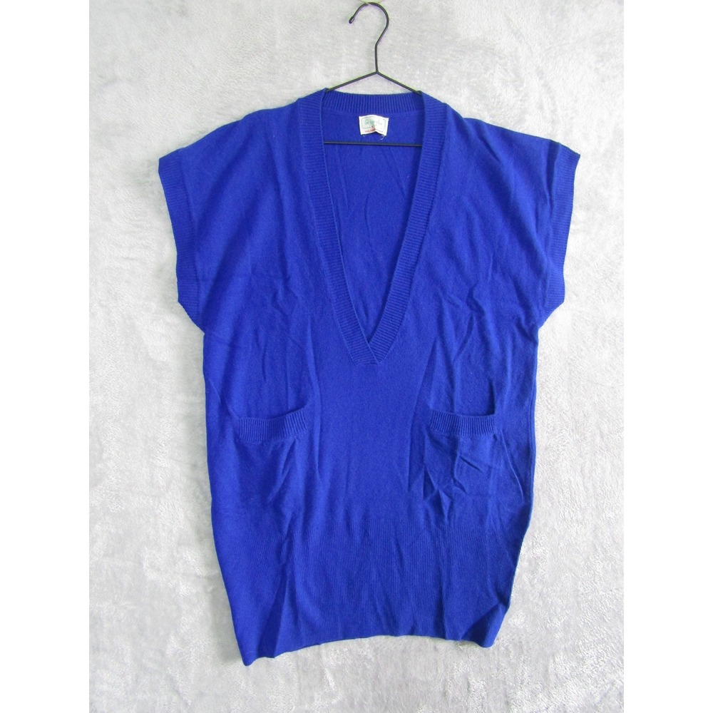 Benetton Blue Sleeveless V Neck Sweater Vest Pocket Knit Made in Italy Wool